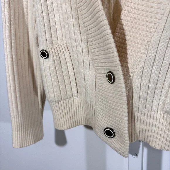 Bleyé Italy Cream Ribbed Wool Blend Cardigan Cropped V Neck Old Money Minimalist - Picture 6 of 9